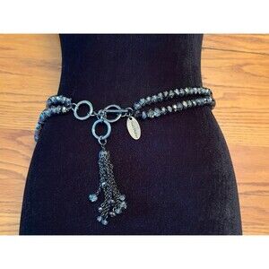 Suzi Roher Boho Beaded Elastic Slate Grey Belt Tassel Toggle Closure Y2K Med